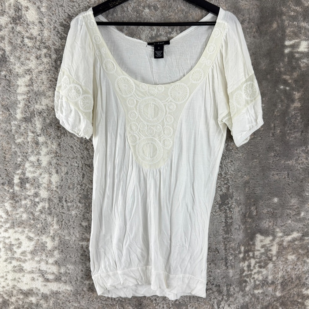 U Knit Size S Boho‎ Geometric Tunic Top Ivory Short Sleeve Scoop Neck Pullover